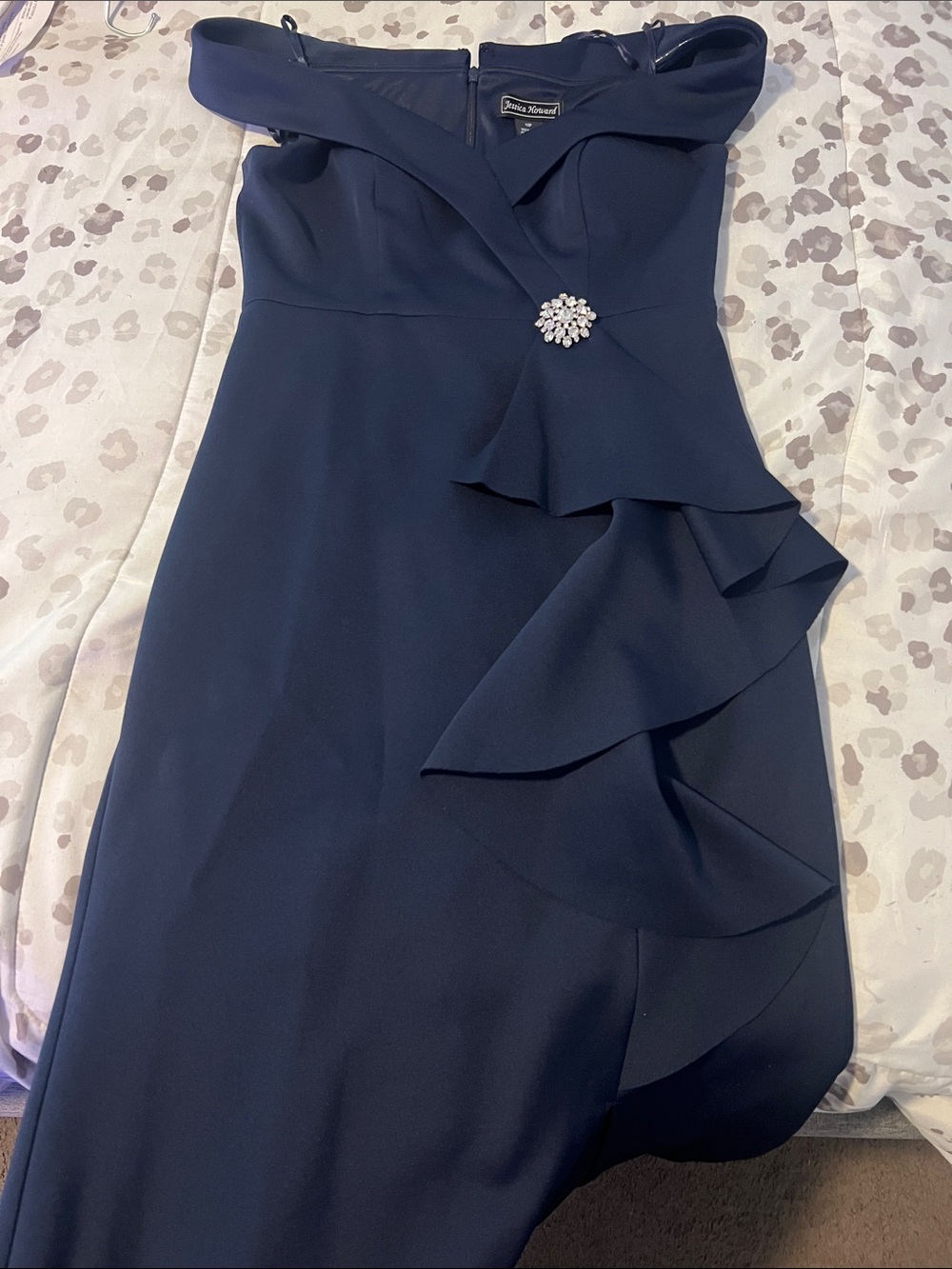 Jessica Howard Navy One-Shoulder Ruffle Dress with Brooch